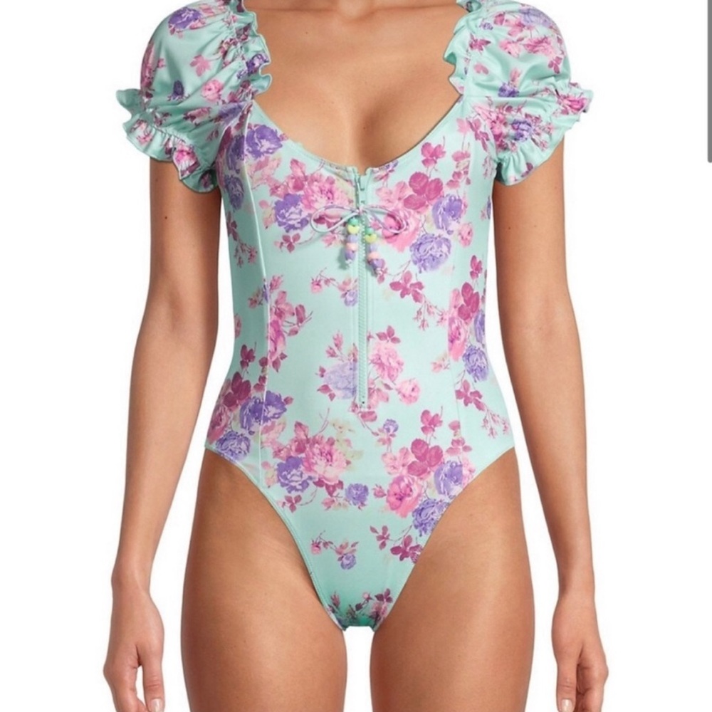 LoveShackFancy Mint and Pink Floral One Piece